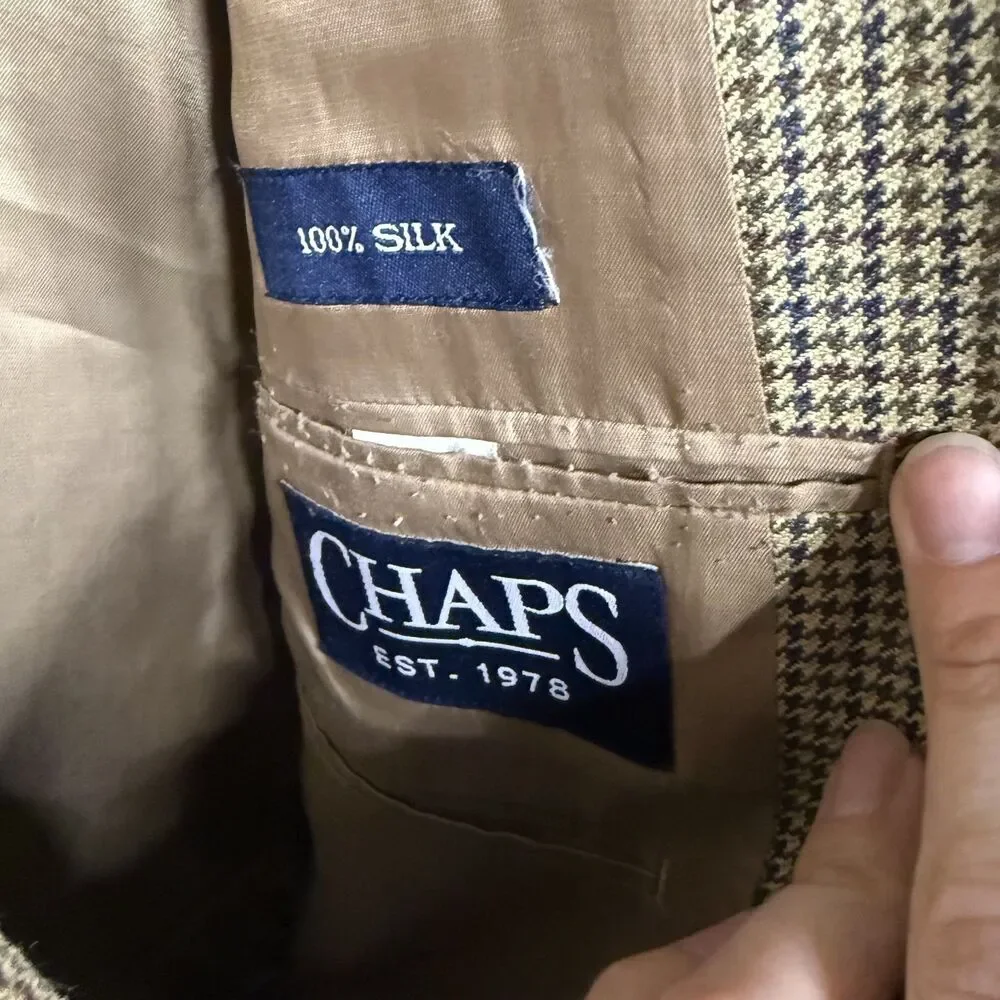 Chaps Silk Blazer Mens 42 L Regular Brown Tan Houndstooth 2 Button Single Vented